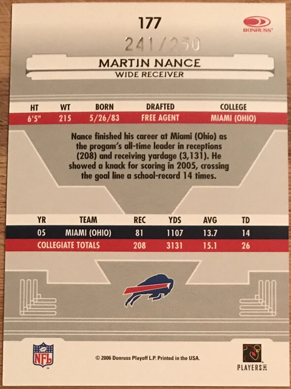 2006 Leaf Certified Materials Mirror Red Signatures Martin Nance #177 - Image 2 of 3