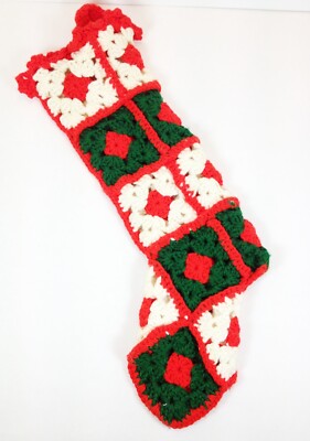 Crocheted Granny Square Christmas Stocking Red Green White Yarn Hand Made 19 