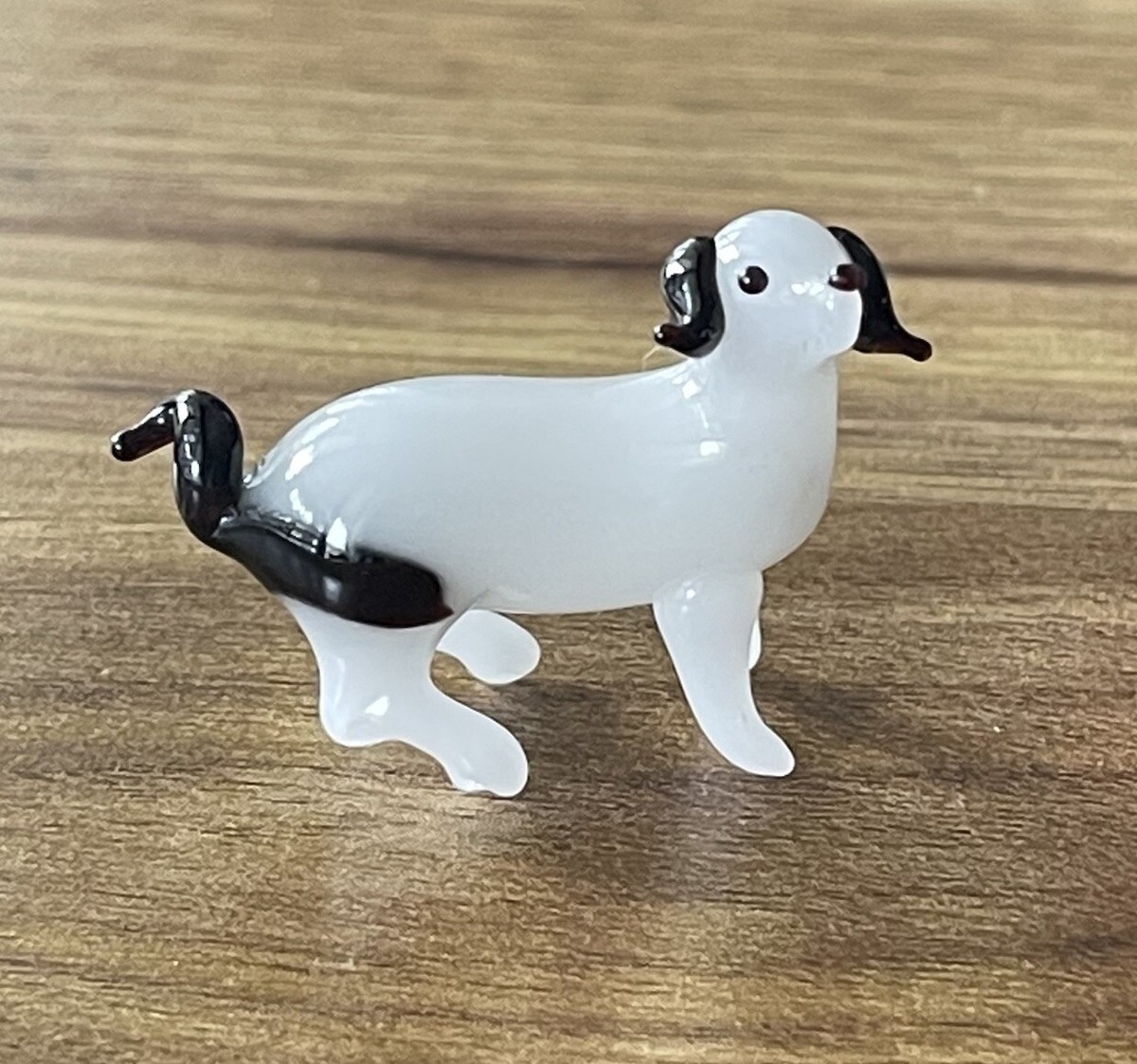Murano Style Figurine Figure Dog White & Black Glass Miniature 1