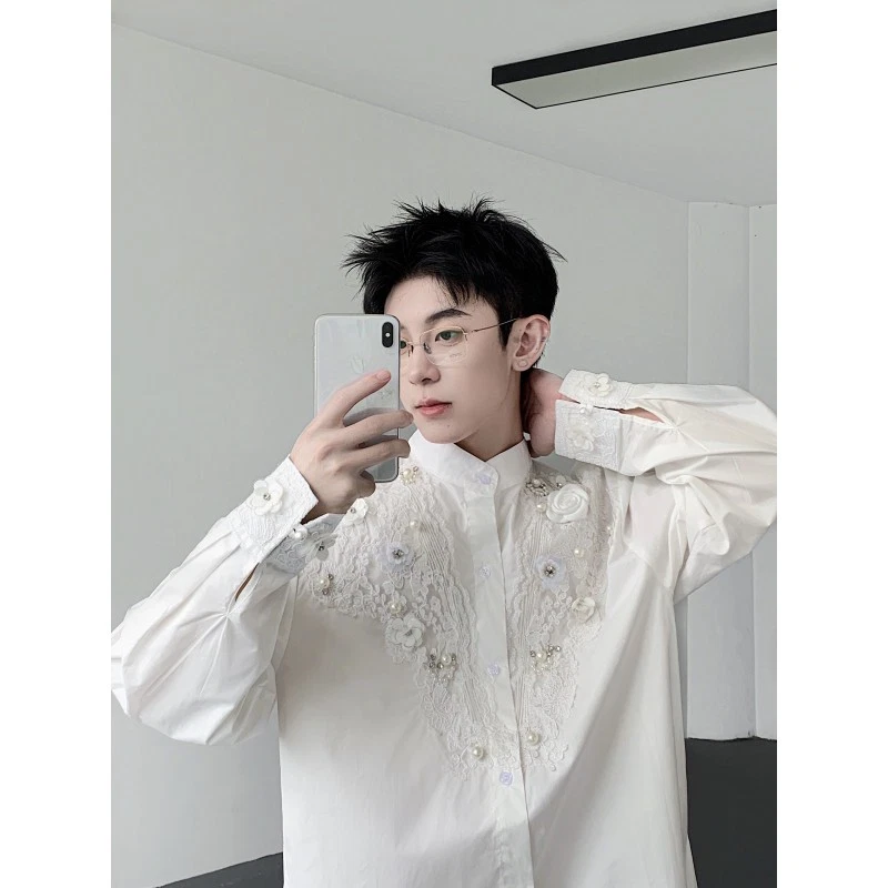Luxury Lace Shirt Mens French Retro White Shirt Stand Collar Flower Party Shirts - Image 3 of 4