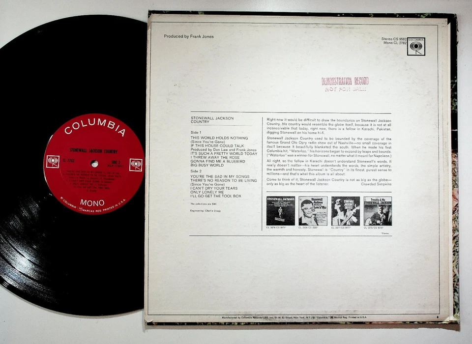 Stonewall Jackson Country LP Record 1965 Mono Columbia Country 33RPM Foto 2 de 2
