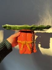 Matias Belo Hand Painted Ceramic Cake Stand Green & Orange, 10” Top NEW Portugal