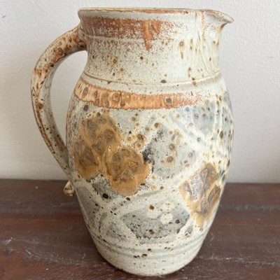 Japanese Studio Pottery Pitcher Ash Glaze Signed Stoneware Organic Wabi Sabi