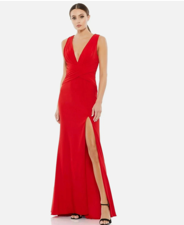 Ieena X Mac Duggal Plunging Neck Dress Size 8 Red Slit Glam Holiday Event Formal