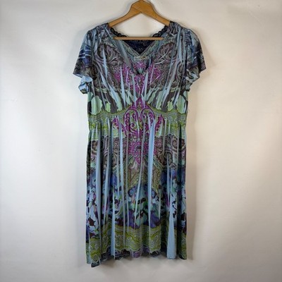 Unity World Wear Dress Women 1X Blue Paisley Rhinestone V-Neck Empire Waist