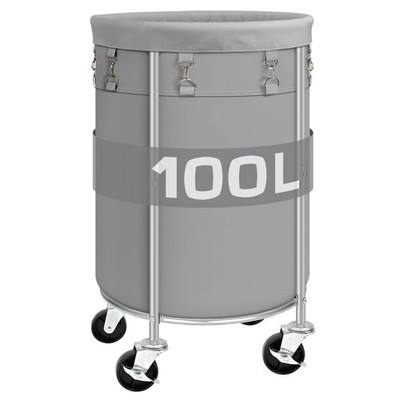 100L Round Rolling Laundry Hamper Basket Wheels Grey Storage Organizer