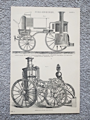 Beispiele Feuerwehrfahrzeuge aus dem 19. Jahrhundert - antiker Druck - 1875