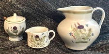 Water Pitcher, Creamer + Covered Sugar Bowl w/Spoon Buchan Thistle Scotland U.K.