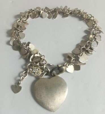Vintage Silver Tone Heart Cluster Charm Bracelet with Crystals