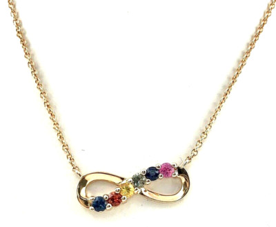 14k Solid Rose Gold RCI Multi Color Gemstone Infinity Pendant Necklace