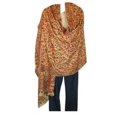 Shawl  Silk  Wool Blend  Kashmir Style  Paisley  Fringe Amber