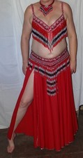 Red black and silver cabaret belly dance set bra, belt, skirt and neck peice