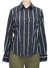 Women's Button Up Shirt Stretch Long Sleeve Stripes Black/Blue Size S