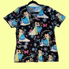 Disney Frozen Scrub Top Elsa Anna Sz Medium Womens Colorful Floral Print Cotton