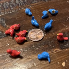 Lot Of 6-Red, 6-Blue Cast Iron Miniature Birds For Dollhouse Or Diorama