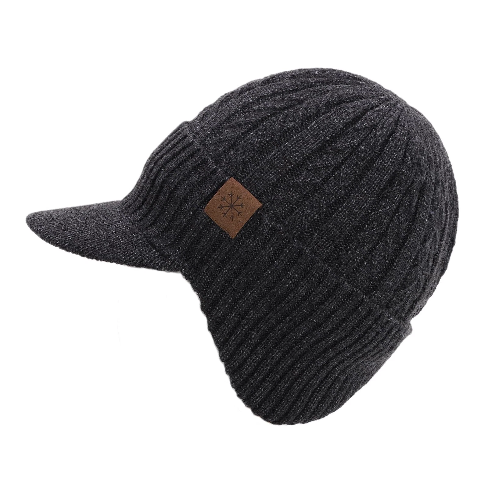 Winter Beanie Hat Men Fleece Lined Earflap Knit Warm Cap With Brim Visor