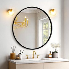 USHOWER Black Round Mirror 24 Inch, Metal Frame Bathroom Vanity Wall Mirror