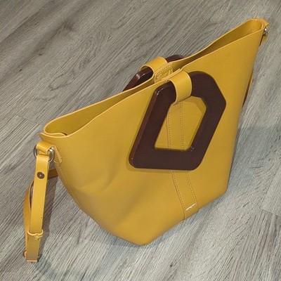 Zara Mustard Yellow Faux Leather Bucket Bag Wooden Handle Crossbody Tote Purse