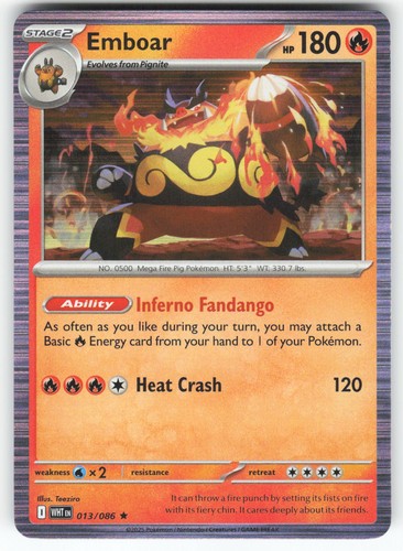 Emboar 013/086 Holo Rare White Flare Pokemon Near Mint