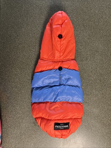 Soft Puffy Fuzzyard Insulated Dog Cat Pet Vest with Ear Hood Cover, Red/Blue XS
