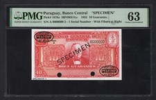 Paraguay 10 Guaranies 1952 P187bs  Specimen N.3  Uncirculated Grade 63 Top Pop