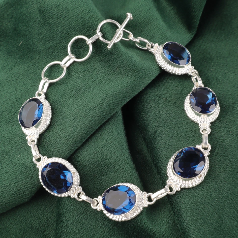 Brazalete de cadena de plata de ley 925 con piedras preciosas de topacio azul de Londres natural para mujer Foto 3 de 4