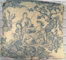 Vintage French Country Toile Throw Pillow Square Cushion Blue Beige 18" x 18"