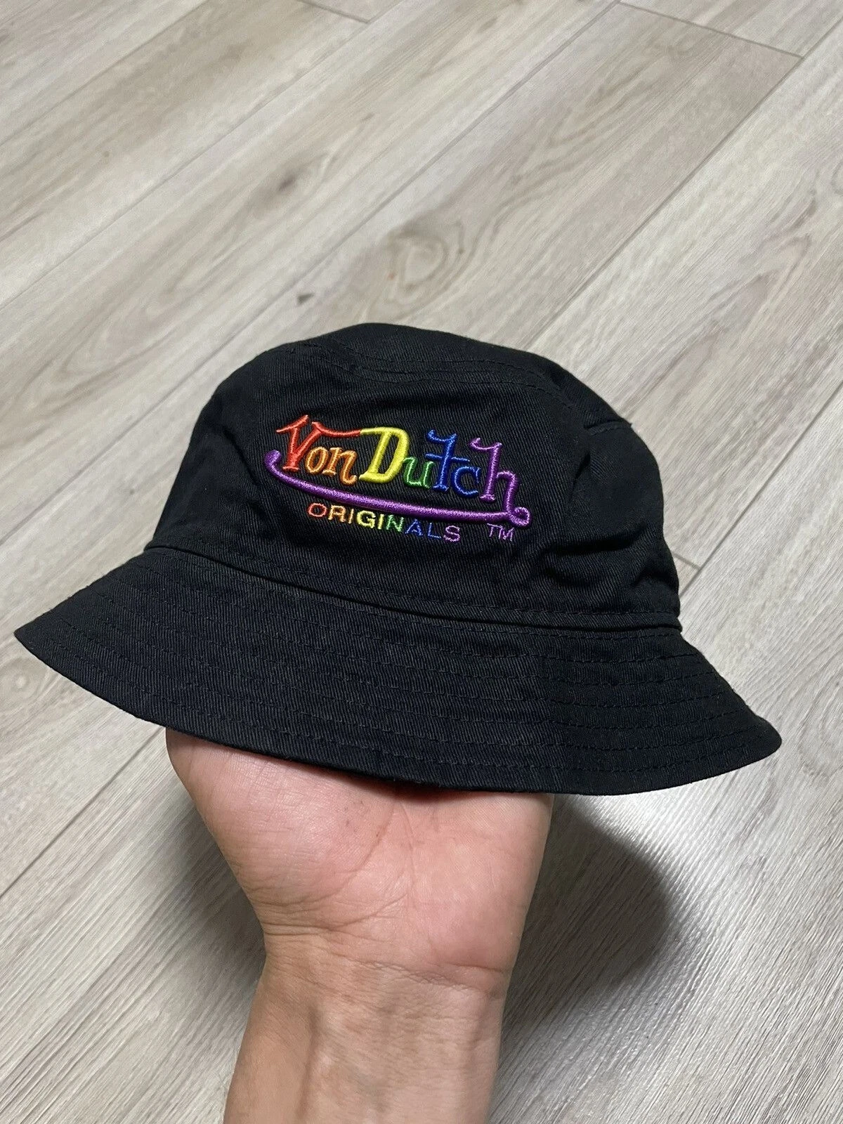 Vintage Von Dutch Rainbow Logo Bucket Hat Black Y2K Streetwear Unisex One Size