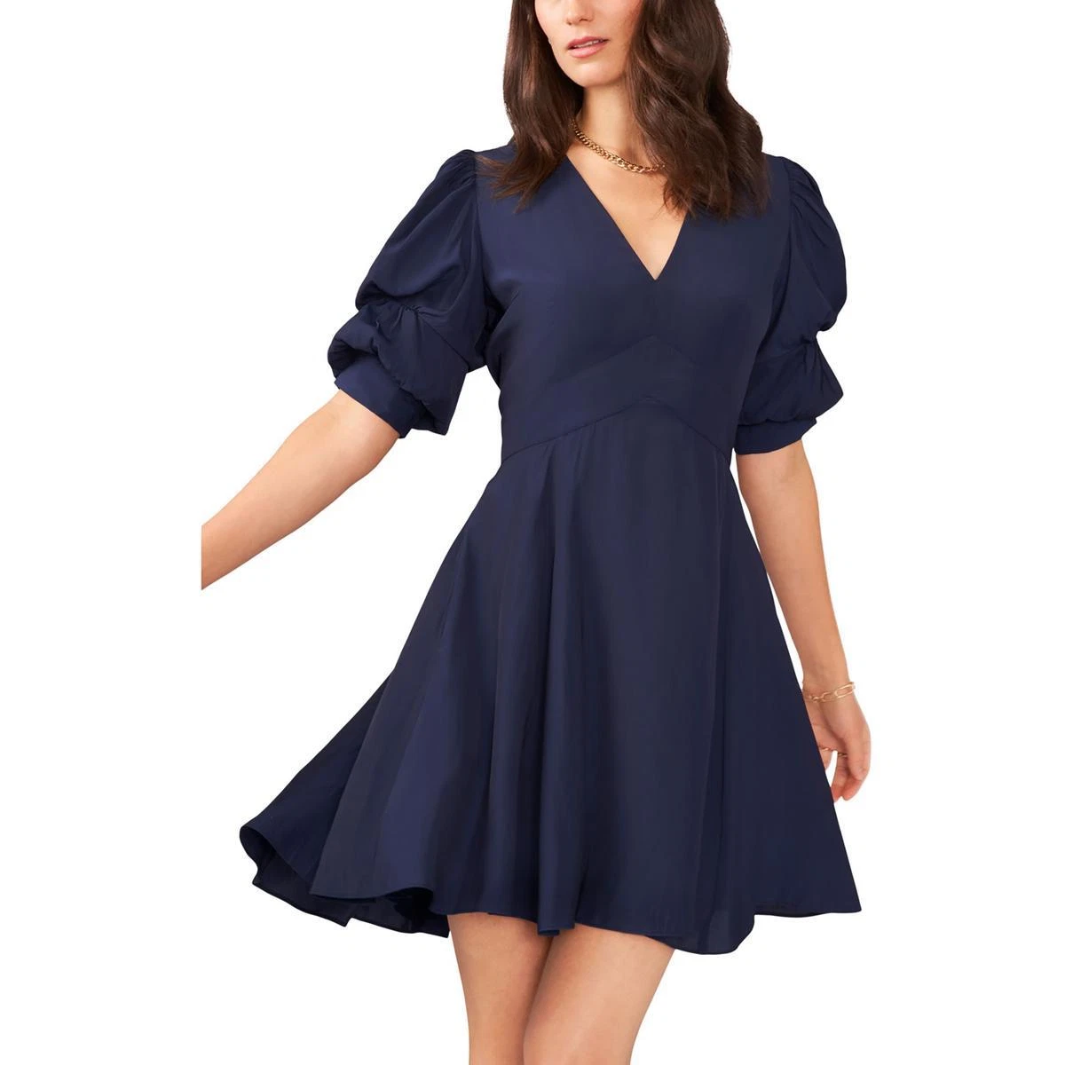 1.State Womens Puff Sleeve V-Neck Knee Fit & Flare Dress BHFO 0064