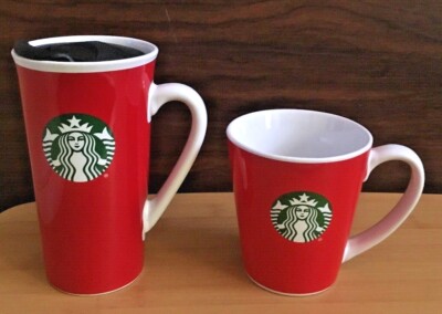Two Red 2017 Starbucks Coffee Cups Mugs: Large 6" Cup w/Lid and Small 4"  Cup | eBay
