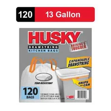 Husky Tall Kitchen White Trash Bags, 13 Gallon 120 Bags (Expandable Drawstring)