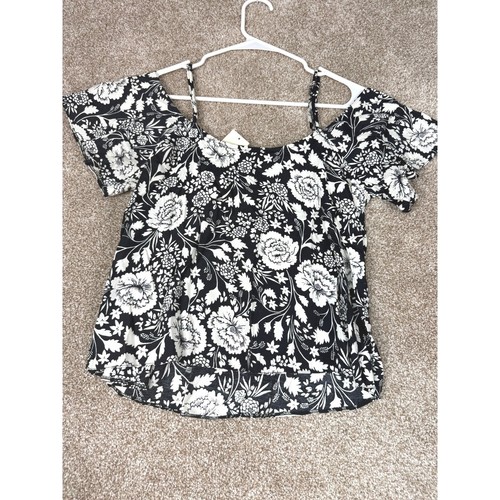 NEW Miss Selfridge Womens Black White Floral Cold Shoulder Blouse Top US 6 UK 10