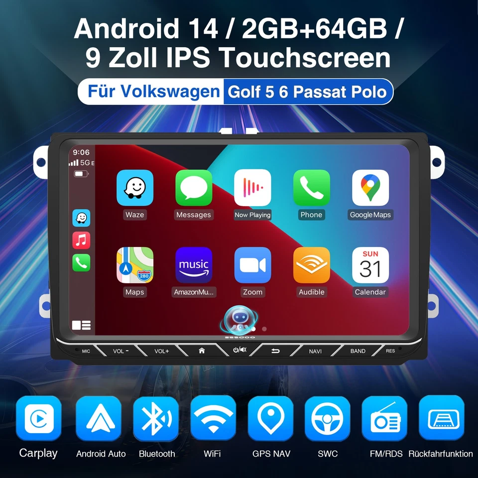 DAB+ Android 14 2+64G Carplay Autoradio NAVI Für VW GOLF 5 6 Touran Passat Jetta - Bild 2 von 4
