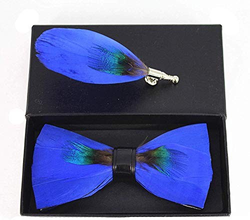 Feather Bow Tie Peacock Pre-tied Bow tie Brooch Sets Tuxedo Banquet Necktie Blue - Picture 4 of 5