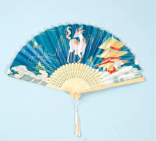 Fächer Faltfächer Handfächer Bambus Holz Stoff Handarbeit mit Hirsch- und Pagode