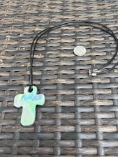 Handcrafted Polymer Clay Cross Pendant Necklace On Leather Cord 24 Inches Long