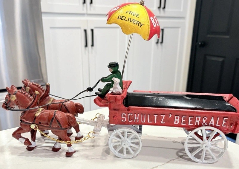Cast Iron Horse Drawn Wagon Vintage Schultz Beer Ale Man Dog Umbrella