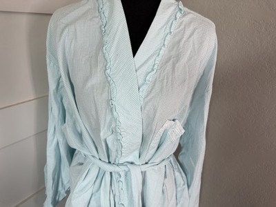 Eileen West Blue White Check 100% Cotton Lightweight Robe Ruffled Collar Size XL