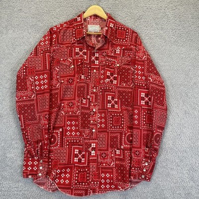 Vintage H Bar C 60's Ranchwear Men's Red Bandana Print Western Shirt Size 16-35