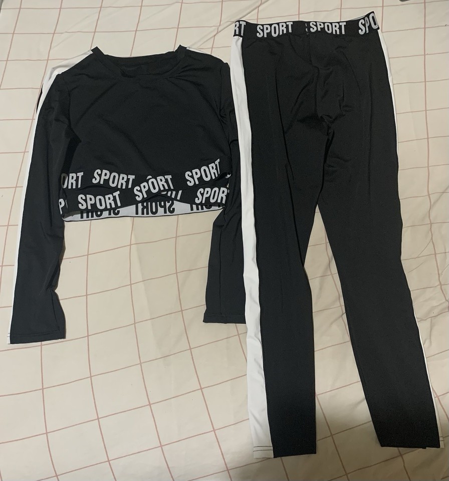 Black sport gym active wear Top Pants set Size L