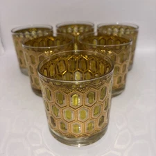 West Virginia Glass Gold Embossed  Low Ball Rocks Glass Vintage~Set of 6
