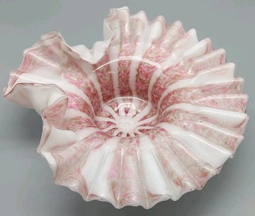 Vtg Alfredo Barbini Murano Glass Ruffled Bowl Pink Circus Tent Pink Gold WhiteSH