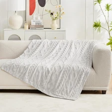 Faux Fur Throw Blanket for Couch, Jacquard Fuzzy Plush Soft Thick Winter Thro...