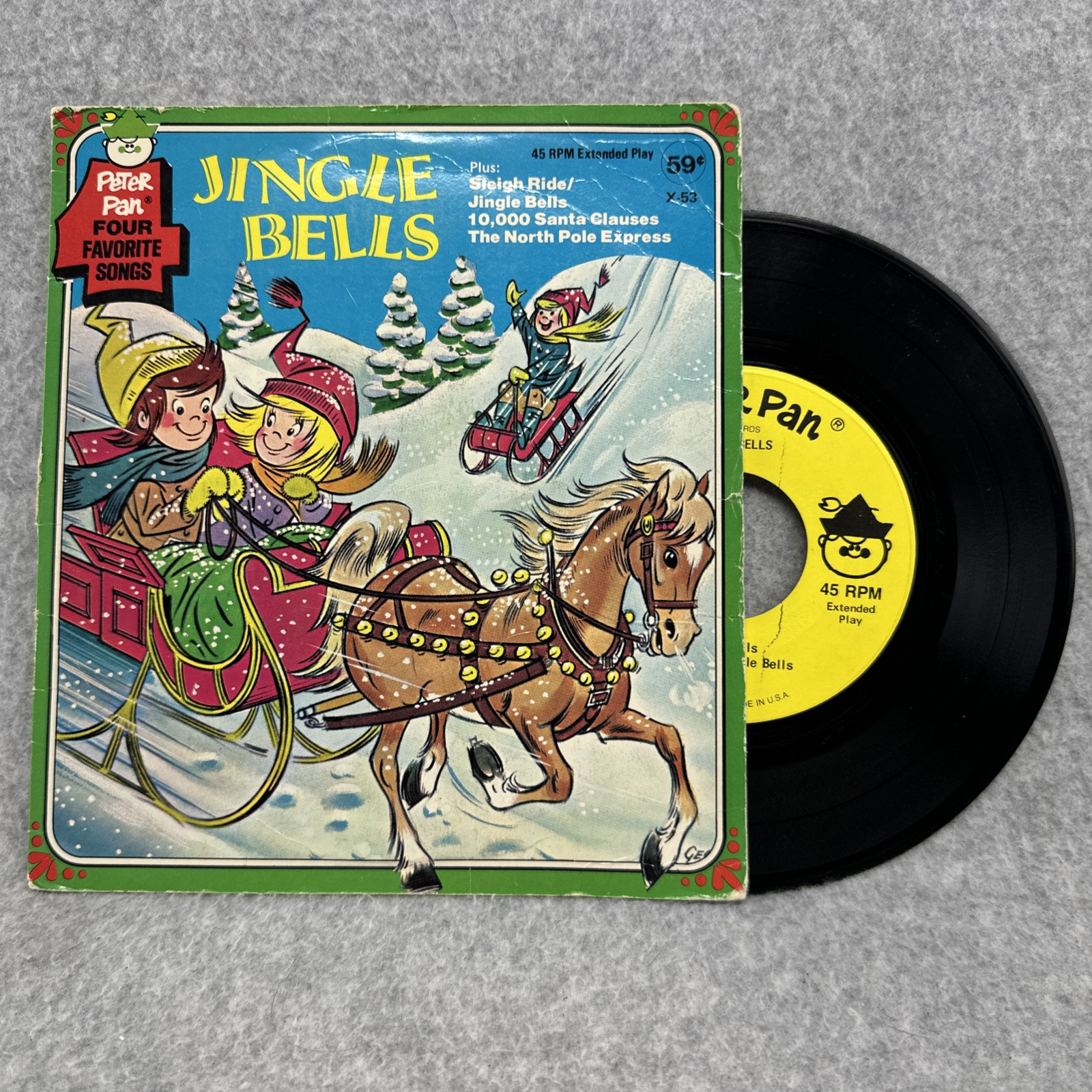Vintage JINGLE BELLS Peter Pan Record in Cardboard Cover Case EP X