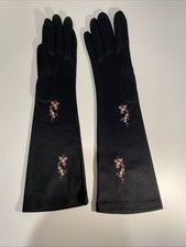 NOS Vintage Ladies Nylon Gloves Embroidered With Flowers Black With Pink Flowers