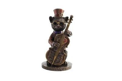 Statuette Steampunk Chat Avec Guitare Basse 13cm Bronze Résine Italfama - Photo 1/2