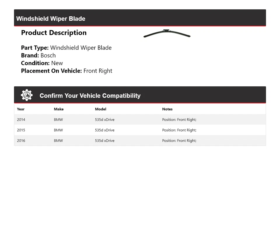 Limpiaparabrisas delantero derecho Bosch ICON 2015 BMW 535d xDrive 2014-2016 Foto 2 de 3