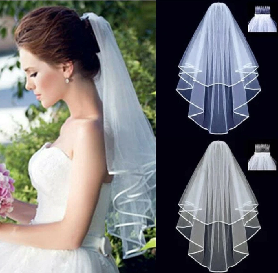 Velo de novia de boda borde satinado con peine blanco marfil codo elegante catedral  Foto 2 de 4