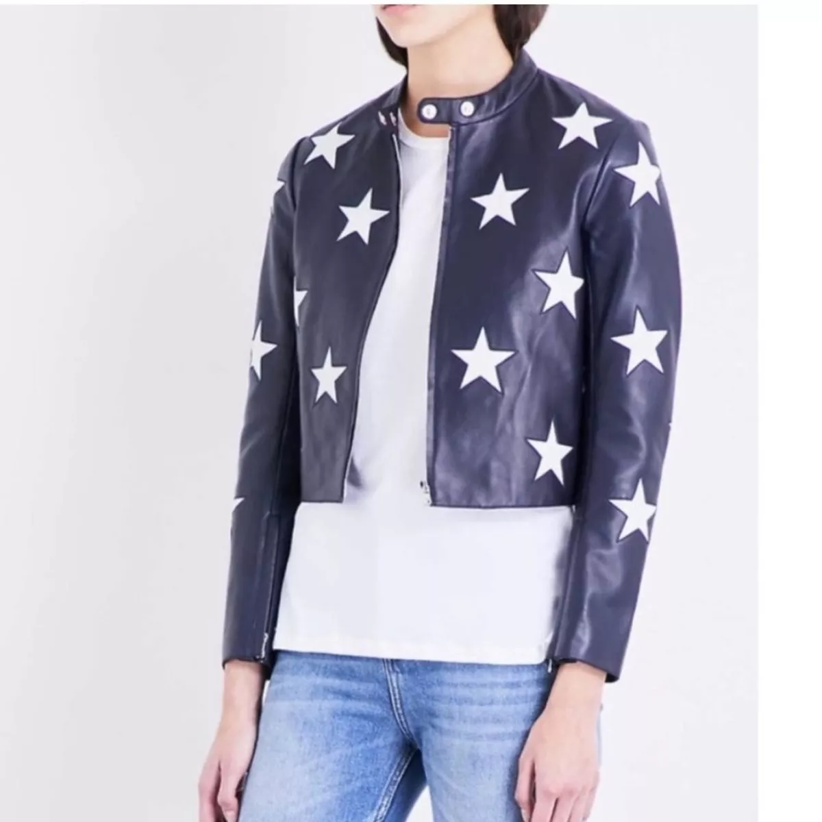 Sandro navy blue and white star motif leather jacket coat 1 S eBay