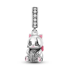 MULA Cat playing with string ball DIY Charm CZ For Bracelet 925 Sterling Silver